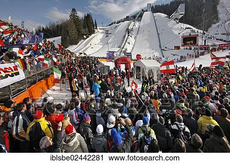 Stock Image - "Slalom on Gudiberg Mountain, Ski World Cup, winter sports, grandstand with spectators, Garmisch-Partenkirchen, Upper Bavaria, Bavaria, Germany, Europe". Fotosearch