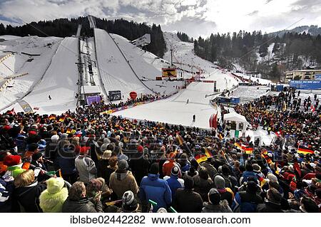 Stock Image - "Slalom on Gudiberg Mountain, Ski World Cup, winter sports, grandstand with spectators, Garmisch-Partenkirchen, Upper Bavaria, Bavaria, Germany, Europe". Fotosearch