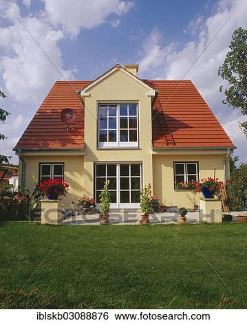 "Small house with a garden, red gabled roof, dormer, Erding, Bavaria, Germany, Europe" View Large Photo Image Stock Photograph - "Small house with a garden, red gabled roof, dormer, Erding, Bavaria, Germany, Europe". Fotosearch