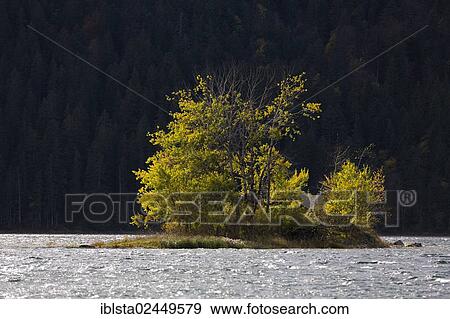 "Small island in Lake Eibsee near Zugspitze Mountain, Bavaria, Germany, Europe" View Large Photo Image Stock Photo - "Small island in Lake Eibsee near Zugspitze Mountain, Bavaria, Germany, Europe". Fotosearch