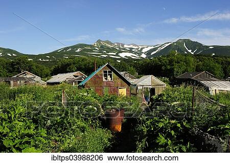 Stock Photograph - "Small settlement with greenhouses heated by thermal springs near Kurile Lake, Pauzhetka, Kamchatka Peninsula, Russia, Europe". Fotosearch