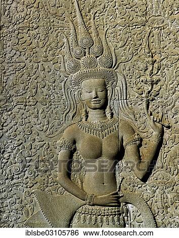 Stock Photograph - "Smiling apsara dancer, sandstone relief in the temple of Angkor Wat, UNESCO World Cultural Heritage Site, Siem Reap, Siem Reap Province, Cambodia, Asia". Fotosearch