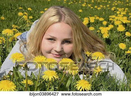 Stock Photo - "Smiling girl, 15 years, lying in a field of dandelion, Sweden, Europe". Fotosearch