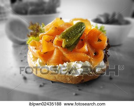 Smoked salmon and cream cheese bagel View Large Photo Image Stock Photo - Smoked salmon and cream cheese bagel. Fotosearch