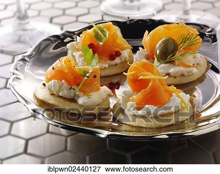 Smoked salmon and cream cheese blini View Large Photo Image Stock Photo - Smoked salmon and cream cheese blini. Fotosearch