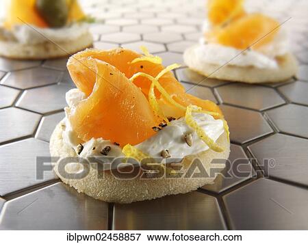 Smoked salmon and cream cheese blinis View Large Photo Image Stock Photo - Smoked salmon and cream cheese blinis. Fotosearch
