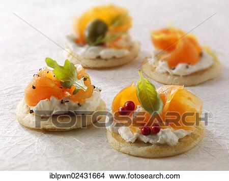 Smoked salmon and cream cheese on blinis or blini View Large Photo Image Picture - Smoked salmon and cream cheese on blinis or blini. Fotosearch