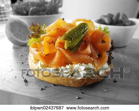 Smoked salmon cream cheese bagel View Large Photo Image Stock Photo - Smoked salmon cream cheese bagel. Fotosearch