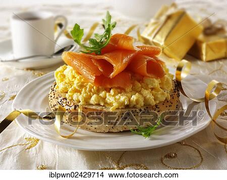 Smoked Salmon On Scrambled Egg Bagel Picture Iblpwn02429714 Fotosearch