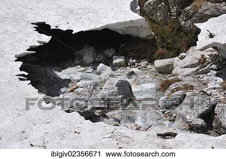 Stock Image - "Snow on the creek in June, Hochkoenig massif, Muehlbach stream, Salzburg, Austria, Europe". Fotosearch