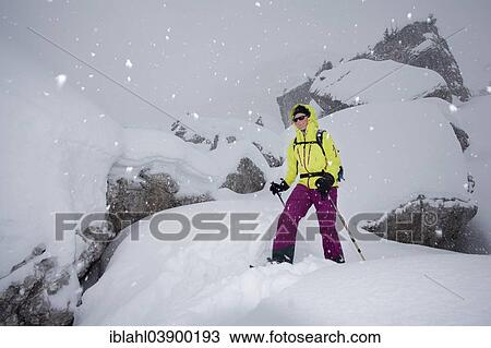 Stock Image - "Snowshoer in the Fanes range, San Vigilio, South Tyrol, Italy, Europe". Fotosearch