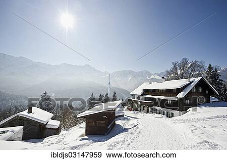 "Snowy landscape and mountain inn, Werdenfelser Land region at back, Eckbauer, Garmisch-Partenkirchen, Upper Bavaria, Bavaria, Germany, Europe" View Large Photo Image Stock Photo - "Snowy landscape and mountain inn, Werdenfelser Land region at back, Eckbauer, Garmisch-Partenkirchen, Upper Bavaria, Bavaria, Germany, Europe". Fotosearch
