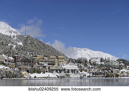 "Snowy mountains and St. Moritz village, lake St. Moritzersee in the foreground, canton of Grisons, Engadin, Switzerland, Europe" View Large Photo Image Stock Photography - "Snowy mountains and St. Moritz village, lake St. Moritzersee in the foreground, canton of Grisons, Engadin, Switzerland, Europe". Fotosearch
