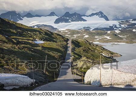 Stock Photography - "Sognefjellsvegen mountain pass road along Rv 55, looking towards the Jotunheimen Mountains with glaciers, Gebirge Jotunheimen, Oppland, Eastern Norway, Norway, Europe". Fotosearch
