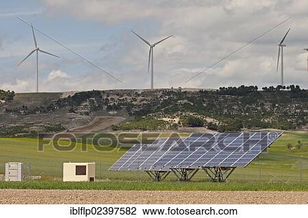"Solar energy panels and wind turbines on open plains, Castilla y Leon, Spain, Europe" View Large Photo Image Stock Image - "Solar energy panels and wind turbines on open plains, Castilla y Leon, Spain, Europe". Fotosearch