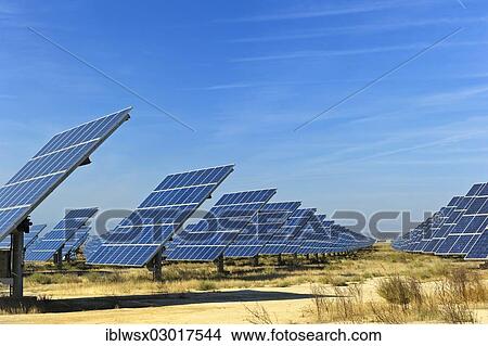 Picture - "Solar farm, outdoor photovoltaic system, solar modules, solar power plant, modules which track the position of the sun, Navarra, Nordspanien, Spain, Europe". Fotosearch