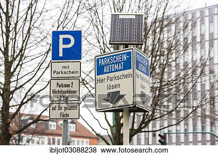 Stock Photo - "Solar powered parking ticket vending machine, inner-city public parking, Essen, North Rhine-Westphalia, Germany, Europe". Fotosearch