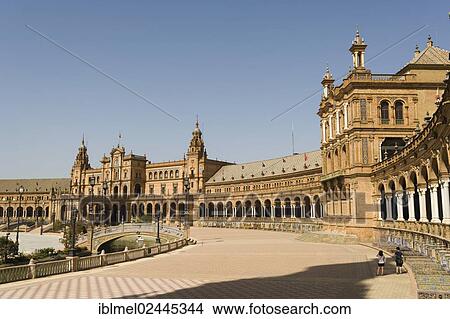 Picture - "South wing of the Plaza de Espana, or Spain Square, Plaza de Espana, Spain Square, Maria Luisa Park, Parque de Maria Luisa, Seville, Seville province, Andalusia, Spain, Europe". Fotosearch