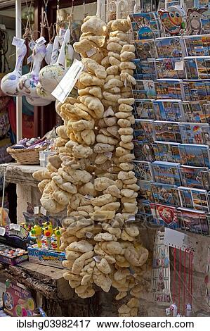 Stock Photo - "Souvenir shop sells sponges, Trogir, Dalmatia, Croatia, Europe". Fotosearch