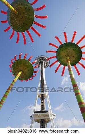 Stock Photograph - "Space Needle and glass flowers at Seattle Center, Seattle, Washington, United States, North America". Fotosearch