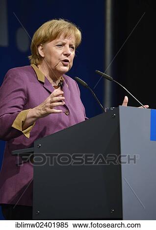 Stock Photography - "Speech by Federal Chancellor Dr. Angela Merkel, CDU, Stuttgart, Baden-Wuerttemberg, Germany, Europe, PublicGround, Europe". Fotosearch