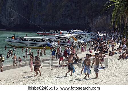 "Speedboats and mass tourism on the sandy beach of Maya Beach, Ko Phi Phi Island, Phuket, Thailand, Asia" View Large Photo Image Stock Photography - "Speedboats and mass tourism on the sandy beach of Maya Beach, Ko Phi Phi Island, Phuket, Thailand, Asia". Fotosearch