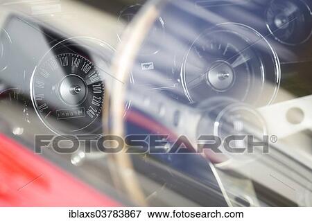Stock Photo - "Speedometer and steering wheel, Ford Mustang 302 GT, 1968". Fotosearch