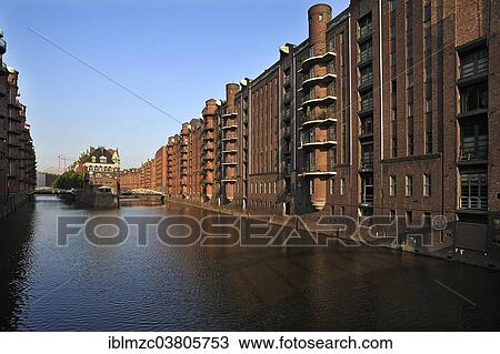 Stock Image - "Speicherstadt historic warehouse district, from the Poggenmuehlenbruecke bridge, Hamburg, Germany, Europe". Fotosearch