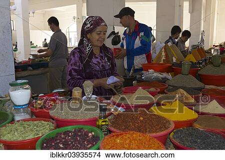 Picture - "Spice seller at a bazaar, Bukhara, Uzbekistan, Asia". Fotosearch