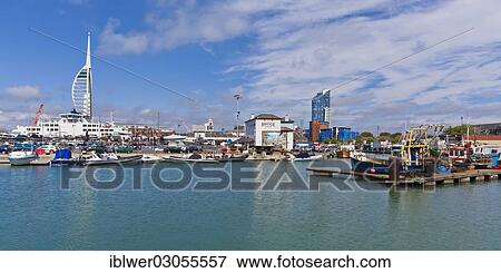 "Spinnaker Tower, fishing boats in the harbour, Portsmouth, Hampshire, England, United Kingdom, Europe" View Large Photo Image Stock Photo - "Spinnaker Tower, fishing boats in the harbour, Portsmouth, Hampshire, England, United Kingdom, Europe". Fotosearch