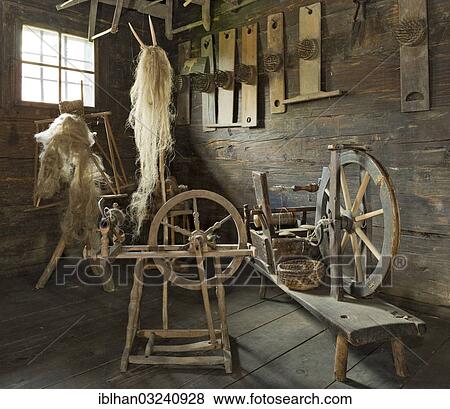 Stock Photo - "Spinning wheels in a farmhouse room, Krumbach Open-Air Museum, Krumbach, Lower Austria, Austria, Europe". Fotosearch