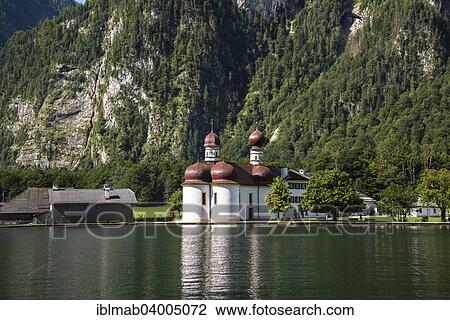 Stock Image - "St. Bartholoma on lake Konigssee, Berchtesgaden National Park, Berchtesgadener Land, Upper Bavaria, Bavaria, Germany, Europe". Fotosearch