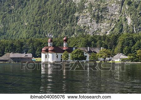 Stock Photograph - "St. Bartholoma on lake Konigssee, Berchtesgaden National Park, Berchtesgadener Land, Upper Bavaria, Bavaria, Germany, Europe". Fotosearch