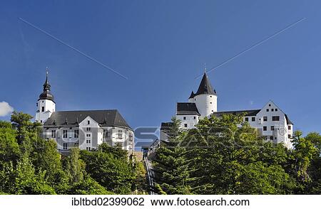 Stock Image - "St. -Georgen-Kirche church and Schwarzenberg castle, Schwarzenberg, Erzgebirge, Saxony, Germany, Europe". Fotosearch