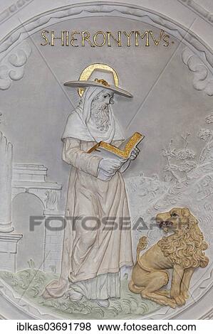 "St. Jerome with a lion, stucco relief, early baroque, Church of St Andreas, Dusseldorf, Rhineland, North Rhine-Westphalia, Germany, Europe" View Large Photo Image Stock Photo - "St. Jerome with a lion, stucco relief, early baroque, Church of St Andreas, Dusseldorf, Rhineland, North Rhine-Westphalia, Germany, Europe". Fotosearch