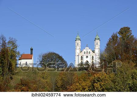 Picture - "St Leonard's Chapel and the church of the Holy Cross, Calvary Hill, Bad Toelz, Upper Bavaria, Bavaria, Germany, Europe, PublicGround, Europe". Fotosearch
