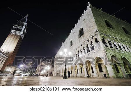 Stock Image - "St Mark's Campanile, Campanile di San Marco, Doge's Palace, Palazzo Ducale, at night, Piazzetta San Marco, St Mark's Square, Venice, Venezia, Veneto, Italy, Europe". Fotosearch