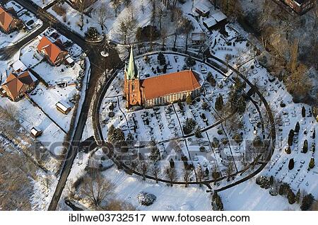 Stock Photo - "St. Nikolai Church with a round cemetery, aerial view, Hamburg-Moorfleet, Hamburg, Hamburg, Germany, Europe". Fotosearch