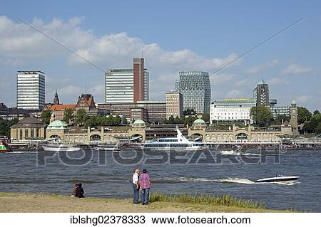 Stock Image - "St. Pauli Landing Stages or St. Pauli Landing Piers, harbour, Hamburg, Germany, Europe". Fotosearch