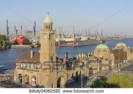 "St. Pauli Landing Stages with the water level tower and the Elbe river, Hamburg, Germany, Europe" View Large Photo Image Stock Image - "St. Pauli Landing Stages with the water level tower and the Elbe river, Hamburg, Germany, Europe". Fotosearch