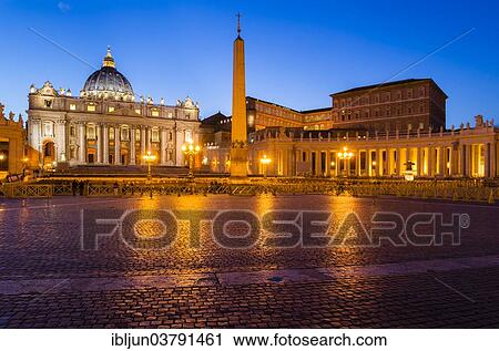 Stock Image - "St. Peter's Basilica, Basilica di San Pietro, with Obelisk, Vatican Palace with the colonnades by Bernini, St. Peter's Square, Vatican City, Vatican, Rome, Italy, Europe". Fotosearch