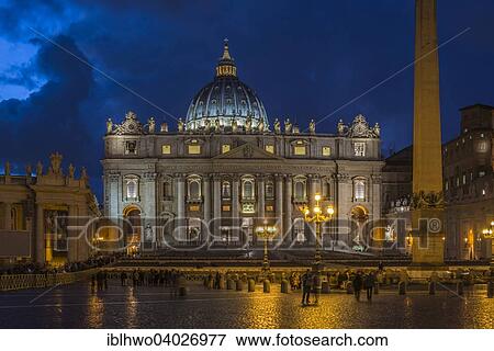 Stock Photo - "St. Peter's Square with St. Peter's Basilica and obelisk at night, Rome, Italy, Europe". Fotosearch