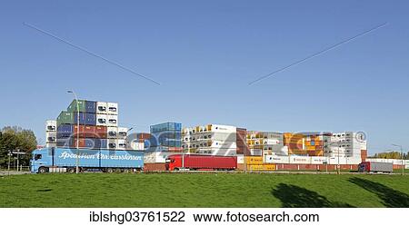 Stock Image - "Stacked containers, Wilhelmsburg, Hamburg, Hamburg, Germany, Europe". Fotosearch