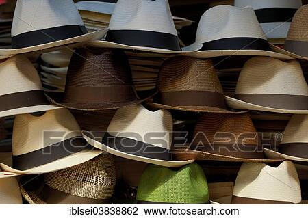 Stock Image - "Stacked Panama hats, Quito, Ecuador, South America". Fotosearch