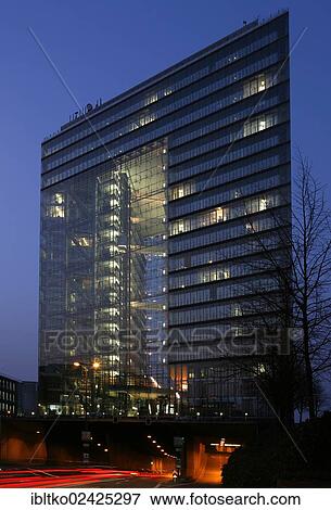 Stock Photo - "Stadttor, City Gate skyscraper, at dusk, Blue Hour, Duesseldorf, North Rhine-Westphalia, Germany, Europe". Fotosearch