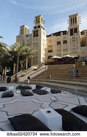 Staircase and building with wind towers, Madinat Jumeirah, artificial city in the style of ancient Arabia, Dubai, United Arab Emirates, Middle East, Asia View Large Photo Image Picture - Staircase and building with wind towers, Madinat Jumeirah, artificial city in the style of ancient Arabia, Dubai, United Arab Emirates, Middle East, Asia. Fotosearch