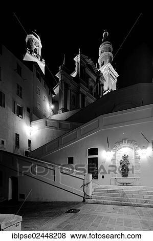 Stock Photo - "Stairway to the church of St Michel at night, Menton, Alpes Maritimes, Region Provence Alpes Cote d'Azur, France, Europe". Fotosearch
