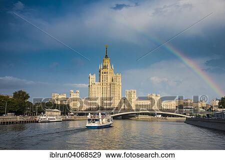 Stock Photo - "Stalin Tower with a rainbow, Moskva river, Moscow, Russia, Europe". Fotosearch