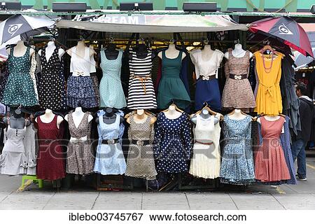 Stock Photo - "Stall for dresses, Camden Lock, Camden Town, London, London region, England, United Kingdom, Europe". Fotosearch