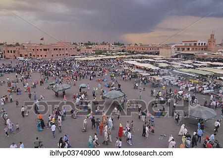 Stock Image - "Stalls in the Djemaa el Fna market square, Marrakesh, Marrakesh-Tensift-El Haouz region, Morocco, Africa". Fotosearch